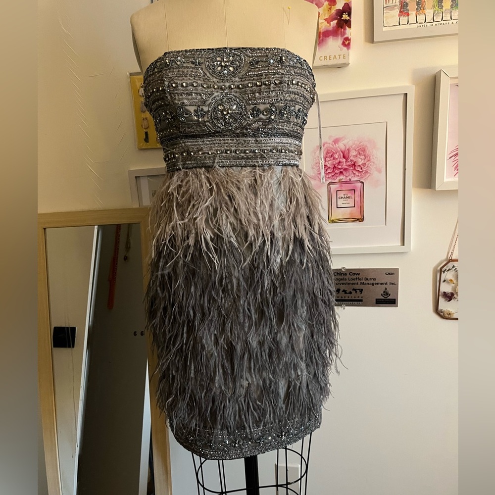 Perfect condition, never worn. Silver ostrich feather ombre strapless dress.